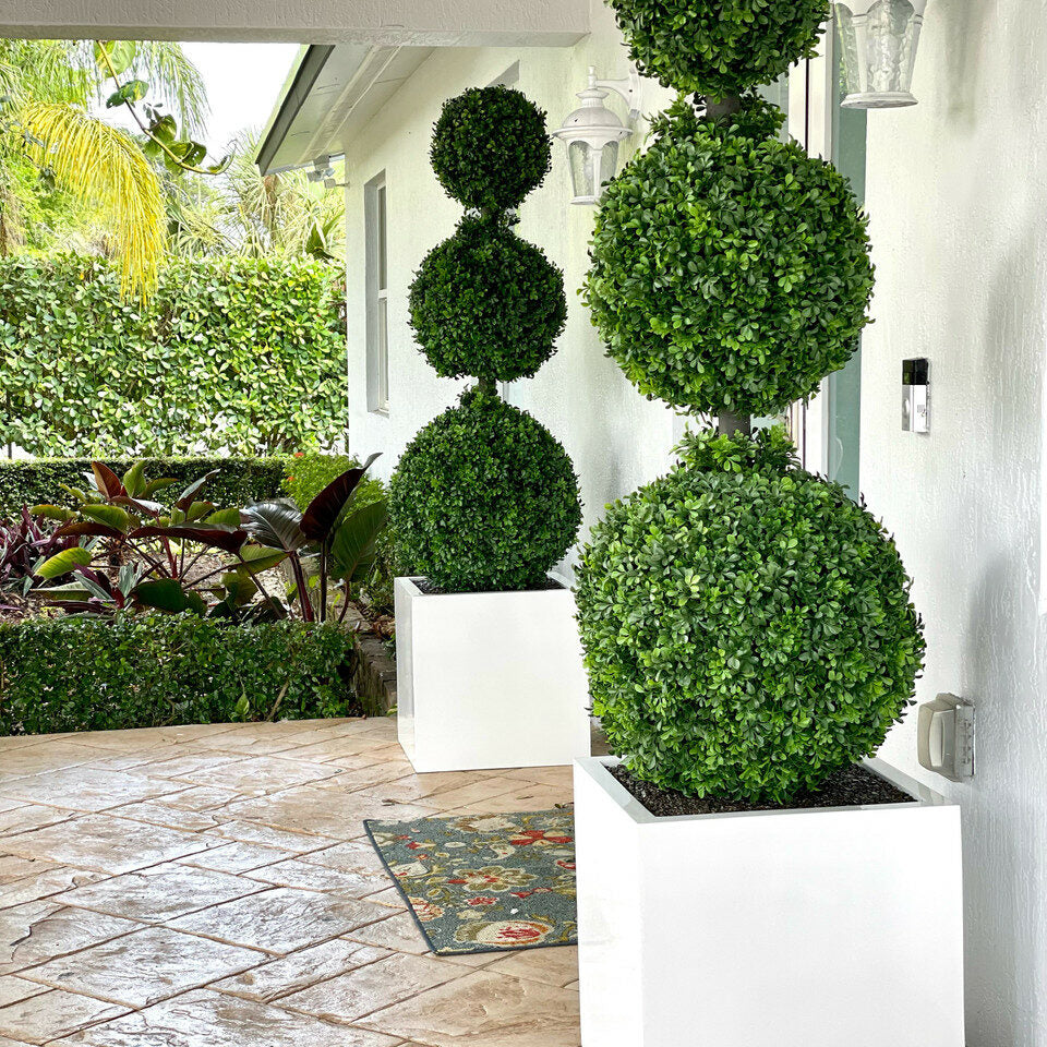 Three-ball topiary with large fiberglass pot